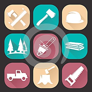 Lumberjack woodcutter icons set isolated on dark background. Flat trendy design photo