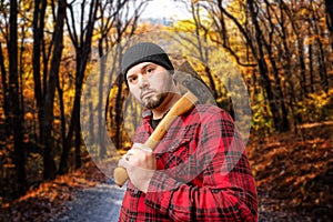 Lumberjack Woodsman In Forest Fall Foliage