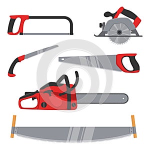 Lumberjack and woodworking tools icons isolated on white background. Axeman instruments saw set. Carpentry tools for