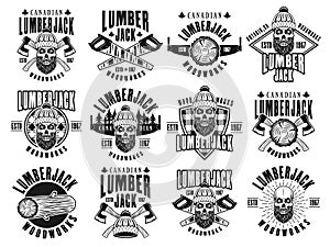 Lumberjack and woodworks vector vintage emblems