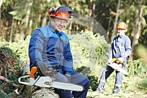 Lumberjack worker with chainsaw in the forest