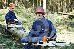 Lumberjack worker with chainsaw in the forest