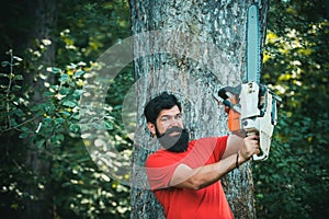 Lumberjack worker with chainsaw in the forest. Lumberjack on serious face carries chainsaw. The Lumberjack working in a