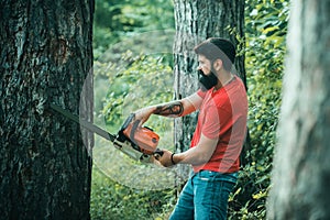 Lumberjack worker with chainsaw in the forest. Lumberjack in the woods with chainsaw axe. Lumberjack with chainsaw on