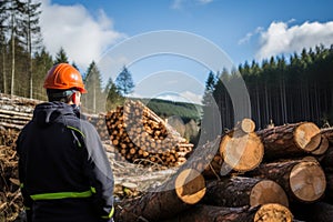 A lumberjack works at a sawmill. Deforestation, the concept of logging