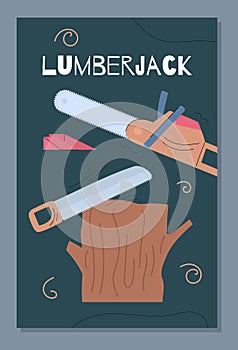 Lumberjack works web or social media banner, flat vector illustration.