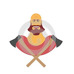 Lumberman bold man with beard. Strong cartoon with axe