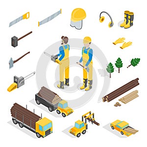 Lumberman Woodcutter Signs 3d Icons Set Isometric View. Vector