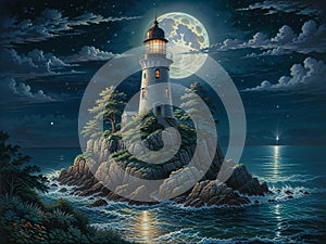 Luminescent Guardian: Moonlit Lighthouse photo