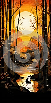 Luminescent Landscape: Dark Gold And Orange Paper Cut-outs With Two Foxes