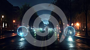 Luminiscent spheres float above the city streets photo realistic illustration - Generative AI. photo