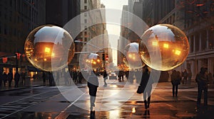 Luminiscent spheres float above the city streets photo realistic illustration - Generative AI. photo
