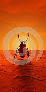 Luminous 3d Beetle Walking On Desert At Orange Sunset