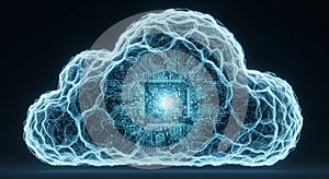 Digital Cloud Computing Concept with Integrated Circuitry and Glowing Core technology data
