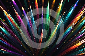 Luminous Array: Fiber Optic Strands Radiating in an Array of Vibrant Colors Against a Dark Backdrop, Focus on Luminosity