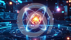 Luminous atomic structure with glowing nucleus and orbiting electrons in a digital environment
