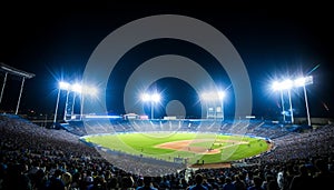 Luminous baseball diamond in deserted stadium with captivating white and vibrant blue spotlights