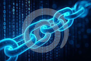 Glowing blue chain links against binary code backdrop