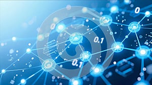 Blue Digital Network Nodes Linked by Glowing Data Connections