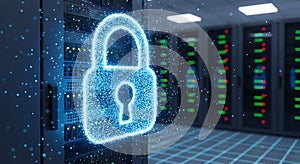 Digital padlock glowing with blue light in a server room symbolizing data security and protection
