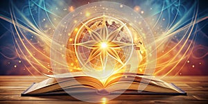 A luminous compass rose emerges from an open book, symbolizing exploration, discovery, and the pursuit of knowledge. Generative AI photo