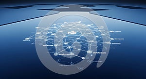 Abstract digital network visualization with glowing nodes and connections on a dark reflective surface