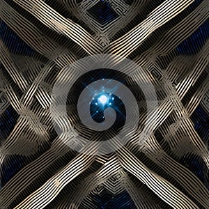 Luminous Core: Symmetrical Geometric Abyss With Central Radiating Blue Light.