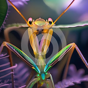 A luminous, crystalline mantis with iridescent limbs, waiting to strike in the cosmic underbrush3