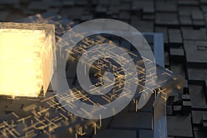 Luminous cube and circuits, black cubes, 3d rendering