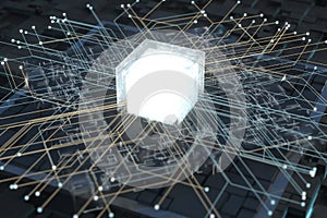 Luminous cube and circuits, black cubes, 3d rendering