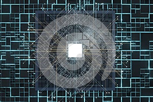 Luminous cube and circuits, black cubes, 3d rendering