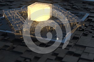 Luminous cube and circuits, black cubes, 3d rendering