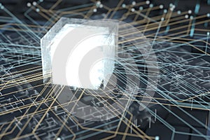 Luminous cube and circuits, black cubes, 3d rendering