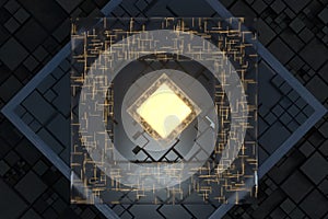 Luminous cube and circuits, black cubes, 3d rendering