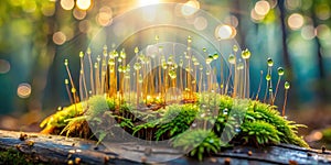 Luminous dewdrops adorn vibrant moss in a sunlit forest. Generative AI