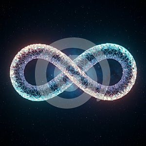 A luminous, digital rendering of the infinity symbol is depicted with a glowing,