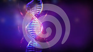 Luminous DNA double helix in violet blue colors, 3D render.