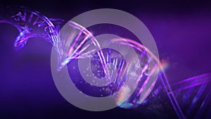 Luminous DNA strands on a dark violet background, 3D render.