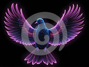 A glowing dove with radiant pink and purple Kirlian-style wings emits a soft, ethereal light against a pitch-black background photo