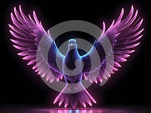 A glowing dove with radiant pink and purple Kirlian-style wings emits a soft, ethereal light against a pitch-black background photo
