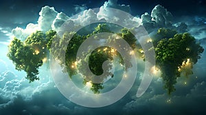 Luminous floating islands with glowing trees amidst majestic clouds