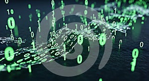 Abstract visualization of green binary code data stream flowing through a dark digital matrix environment