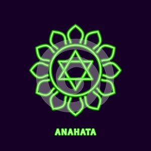 Luminous green chakra anahata. Neon symbol of clairvoyant and immortal lord of speech with 12 petals