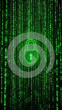 Digital Security Padlock with Matrix Code Background