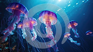 Luminous jellyfish swim deep in the blue sea jellyfish neon jellyfish fantasy water long strings