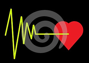 A luminous light green cardiogram life line graph pulsation diagram ending with a red heart shape black backdrop