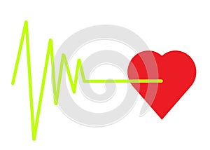 A luminous light green cardiogram life line graph pulsation diagram ending with a red heart shape white backdrop photo