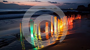 Luminous Line: A Colorful Display Of Lighted Poles Amidst Tropical Symbolism photo