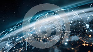 Luminous lines connecting points on a darkened globe symbolize global data exchange and internet connectivity