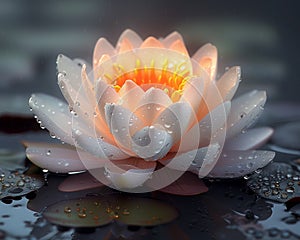 Luminous lotus flower, its white petals covered in raindrops, with a warm glowing heart, set against a rainy backdrop